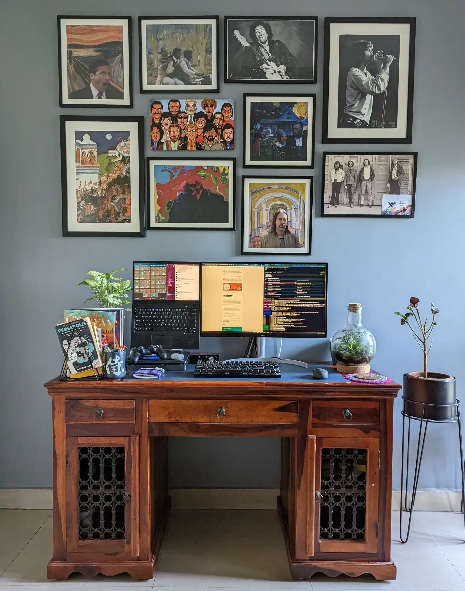 My workspace and the artworks on the wall.